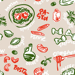 Italian Pasta Types Vector Seamless Pattern. Hand Drawn with a Brush Cooking Ingredients with Written Names.  Design for Cafe Menu Cover, Flyer, Brochure, etc.