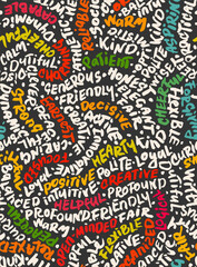 Positive Vibes Hand Drawn Vector Seamless Pattern. 1970s Hippy Colorful Calligraphy Hand Drawn with a Brush. List of Positive Traits Arranged to Form a Puzzle. 
