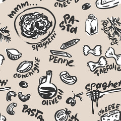 Italian Pasta Types Vector Seamless Pattern. Hand Drawn with a Brush Black and White Cooking Ingredients with Written Names.  Design for Cafe Menu Cover, Flyer, Brochure, etc.