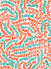 Positive Vibes Hand Drawn Vector Seamless Pattern. 1970s Hippy Colorful Calligraphy Hand Drawn with a Brush. List of Positive Traits Arranged to Form a Puzzle. 
