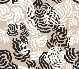 Modern Ethnic Hand Drawn with a Brush Vector Seamless Pattern. Black&White and Beige Design for Fabric, Wrapping Paper, Gift Cards etc.

