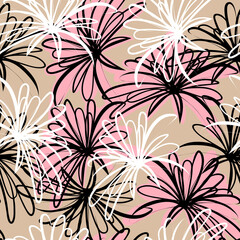 Seamless pattern of white black flowers in continuous line sketch doodle style and pink background. Vector illustration for design fabric, textile, paper