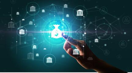 Businessman hand pressing stock graphic information on multitouch screen