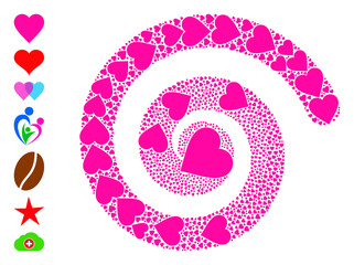 Heart icon spiral rotation mosaic. Heart signs are combined into spiral mosaic structure. Object spiral is designed from randomly placed heart icons. Some similar icons are designed.
