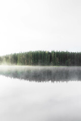 morning fog over lake by the forest with reflections in the water