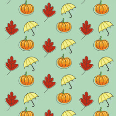 autumn pattern with red leaf, umbrella and pumpkin
