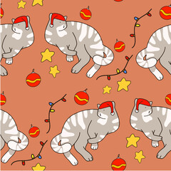 Vector Christmas pattern with cats, packaging, postcard