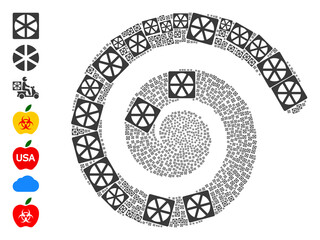 Pizza box icon spiral centrifugal composition. Pizza box icons are formed into spiral mosaic structure. Object twist is organized from randomized pizza box icons. Some bonus icons are attached.