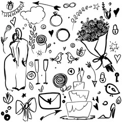 Set of wedding drawings. Different decorative elements. 