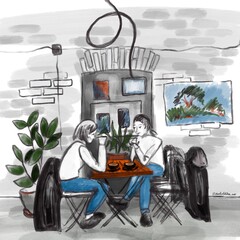 Two girls having lunch in a cafe. Friends are chatting in restaurants 