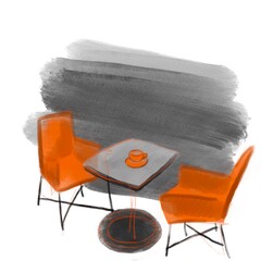 Two chairs and a table with a cup of coffee. Ready for date or business meeting.