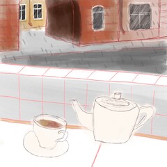 Illustration of table in cafe with teapot and a cup of tea. View of the street 