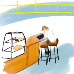 Person in a cafe. Guy sitting in cafe, working, laptop.