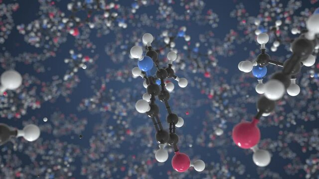 Serotonin molecule made with balls, scientific molecular model. Looping 3D animation or motion background