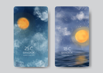 Hand painted watercolor night sky background with weather app user interface design.