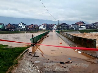 Flooded bridge over river Zeljeznica due to heavy rains, Sarajevo, Bosnia and Herzegovina