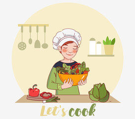 Cute boy cooking salad in the kitchen
