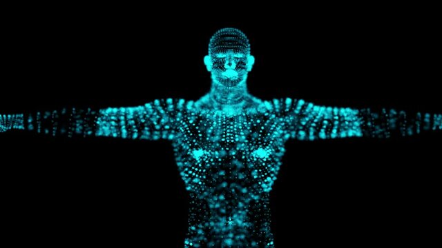 Human body low poly wireframe. Futuristic scan set, human hologram, body x-ray, 3d model in HUD style. Polygonal wireframe mesh with scattered particles and light effects on dark background.