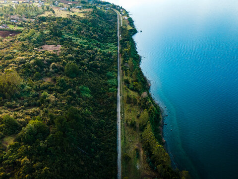 Aerial view of the rails of the city of puerto varas with part of the philippi hill and llanquihue lake.