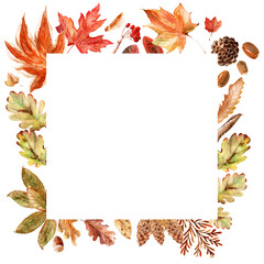 Watercolor frame with bright multicolored autumn leaves and maple winglets, chestnut fruits, oak acorns and pine cones