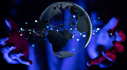 Communication technology global world network concept. Connection lines Around Earth Globe, Motion of digital data flow