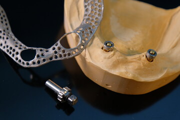 Dental technician works by brush with jaw model