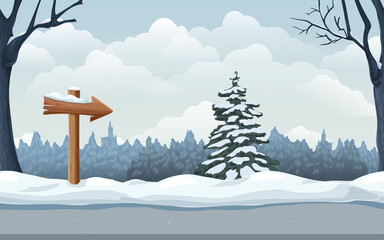 seamless winter landscape with snowy spruce, trees, wooden signpost in snowdrifts. wintertime woodland, park or countryside cartoon style illustration. cold season horizontal scene. game background.
