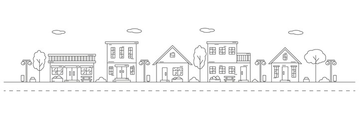 Monochrome horizontal urban landscape with town street or district. Editable stroke. Cityscape with living houses drawn with contour lines on white background. Vector illustration