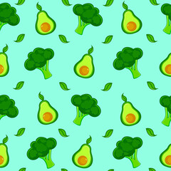 Seamless pattern with avocado and broccoli