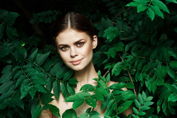 beautiful woman green leaves clean skin nature summer Lifestyle