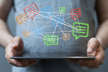 holding smartphone and checking email online on web with