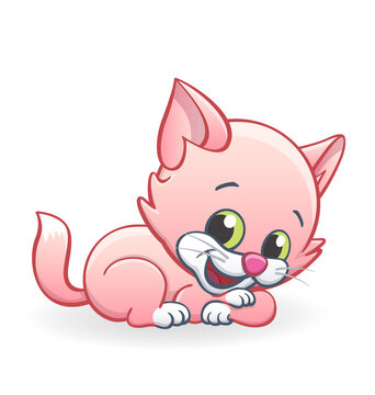 cute smiling pink cartoon kitten cat lying