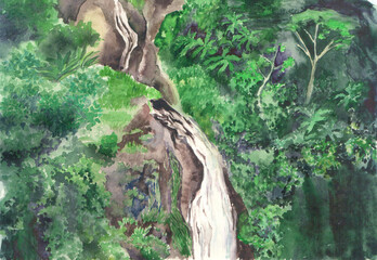 Watercolor landscape  eith waterfall in the jungle