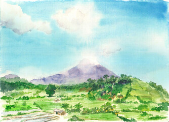 Watercolor landscape with mountain and village in the valley, cloudy sky