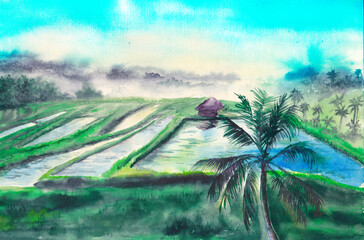Watercolor landscape, tropical paradise. Palms, rice fields, terraces, rural panorama