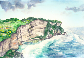 Watercolor background with rocky bay and wavy ocean - 467440236