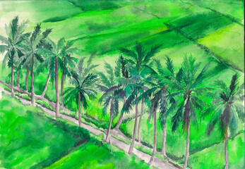 Watercolor landscape with path and palms in field. Hand drawn background. Bali, Indonesia