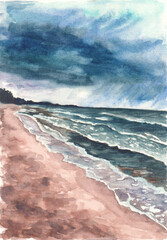 Watercolor of seascape, stormy ocean, waves and dark sky