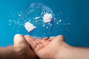 Communication technology global world network concept. Connection lines Around Earth Globe, Motion of digital data flow