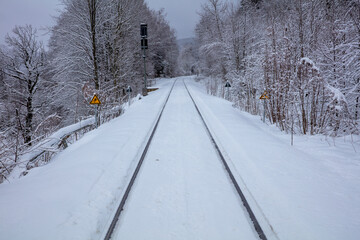 Obraz premium snow covered railroad through the Bavarian Forrest