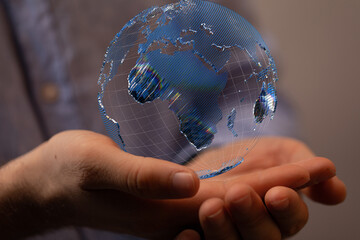 Communication technology global world network concept. Connection lines Around Earth Globe, Motion of digital data flow