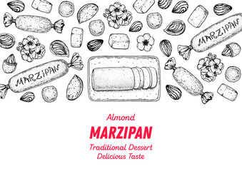 Marzipan cooking and ingredients for marzipan, sketch illustration. Almond nut and almond products. Vector illustration. Christmas sweet food frame. Design elements. Hand drawn, package design