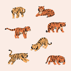 funny tiger african animals vector illustrations set