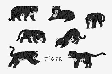 funny tiger african animals vector illustrations set