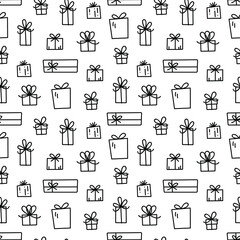 Vector seamless pattern with gift boxes. Hand drawn festive background. Holiday doodle pattern.