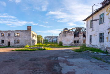 Abandoned ghost town, empty houses. Severny settlement. Russia