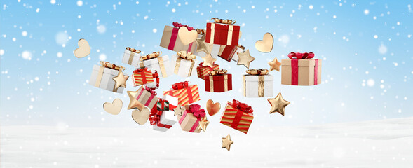 winter snowflakes background and Christmas gifts 3d-illustration
