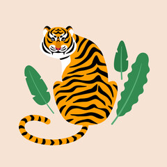 Savage tiger with tropical leaves. Vector illustration. Chinese New year 2022 symbol. Indian or african wild cat cartoon poster. © kotoffei