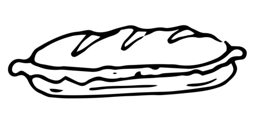 Vector large sandwich icon. hand-drawn sandwiches from a long bun with salad. isolated outline on white for label menu design template