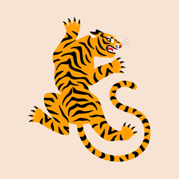 Roar tiger in classic tattoo pose. Vector illustration. Chinese New year 2022 symbol. Indian or african angry wild cat icon, cartoon poster.